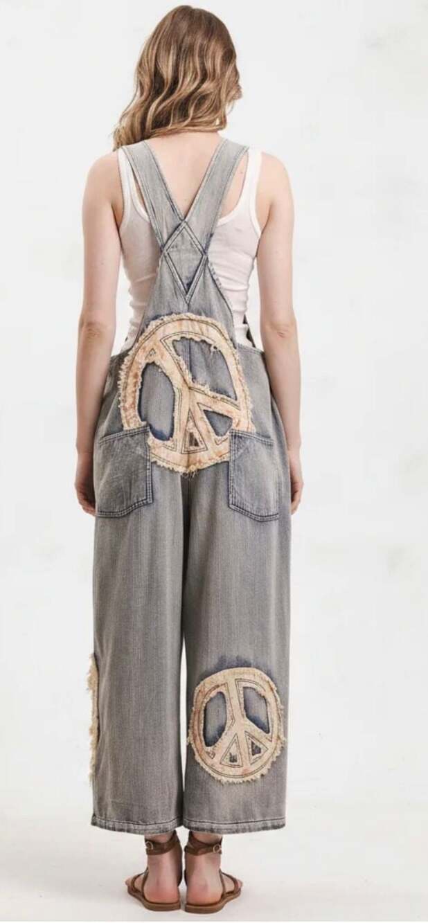 Blue Velvet Peace Patch & Floral Embroidered Denim Overalls - Picture 2 of 5